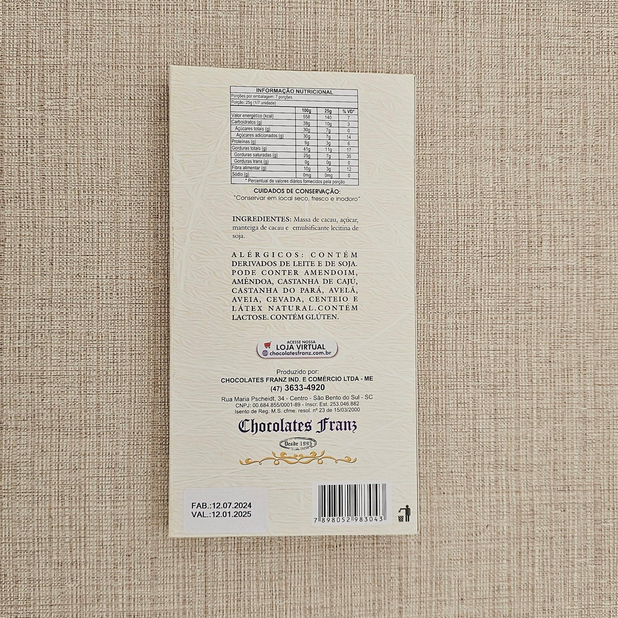Barra em chocolate 70% cacau 180g