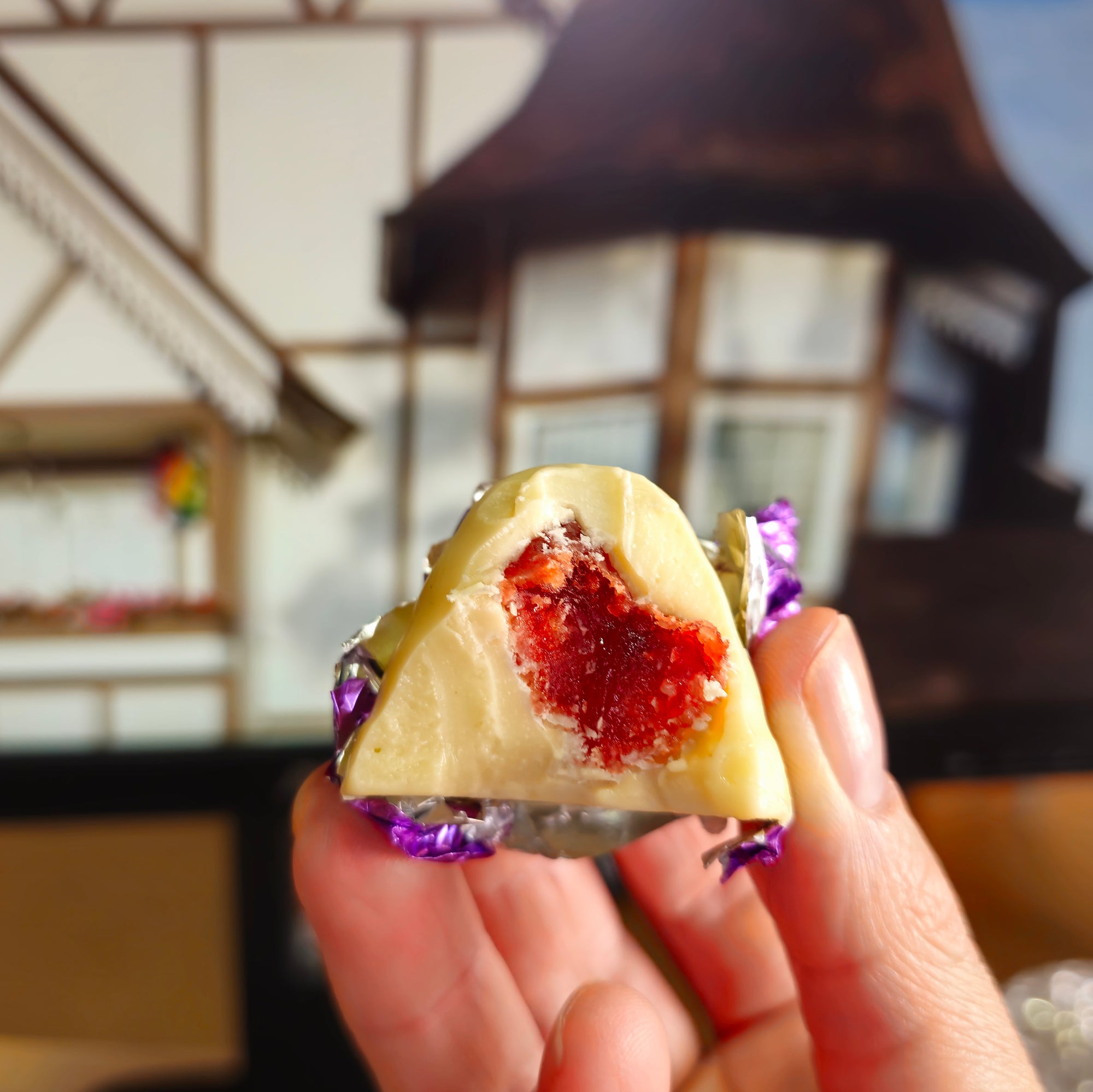 Bombom com morango desidratado em chocolate branco 28g